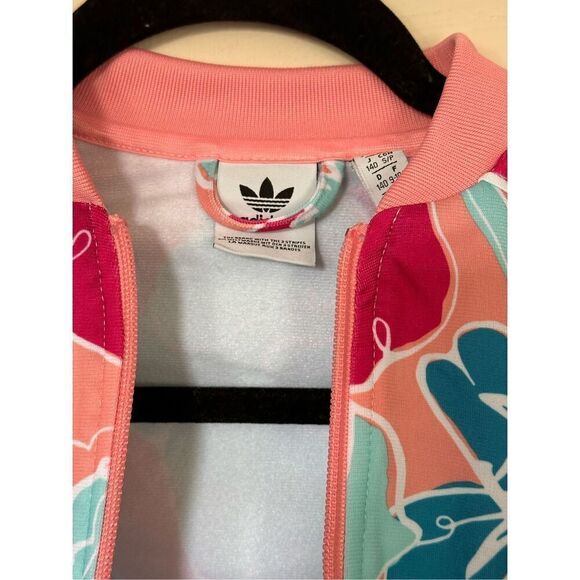 Adidas Trefoil Pink Floral Flower Track Jacket Youth Kids Unisex Sz Small - Picture 5 of 6